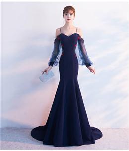 Picture of Navy Blue Mermaid V Back Puffy Sleeves Evening Dresses, Blue Prom Dresses Wedding Party Dresses